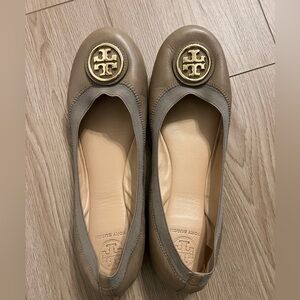 Tory Burch Caroline Taupe Leather Elastic Trim Ballet Flats